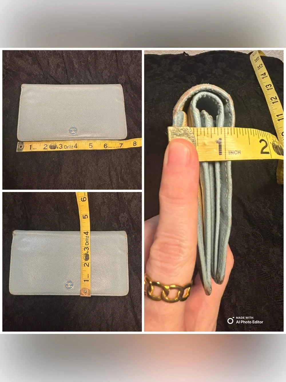 Chanel Coco Button Long Bifold Wallet Light Blue Caviar Leather WOC Chain Box
